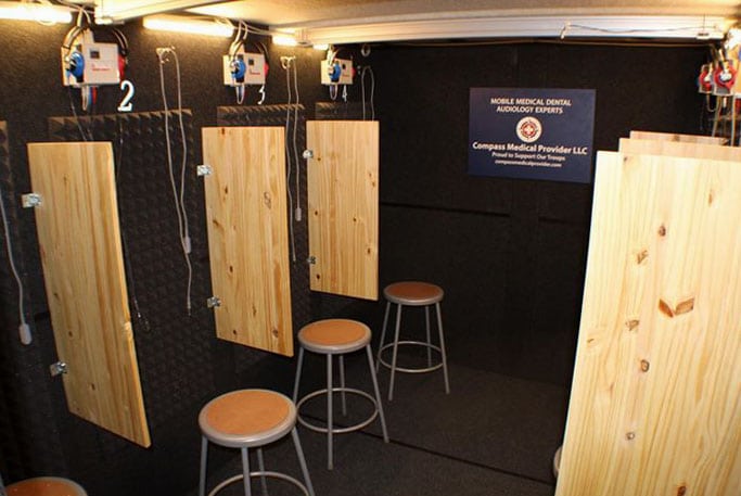 An image of the mobile testing room that Compass Medical Provider uses to perform hearing tests and other medical testing