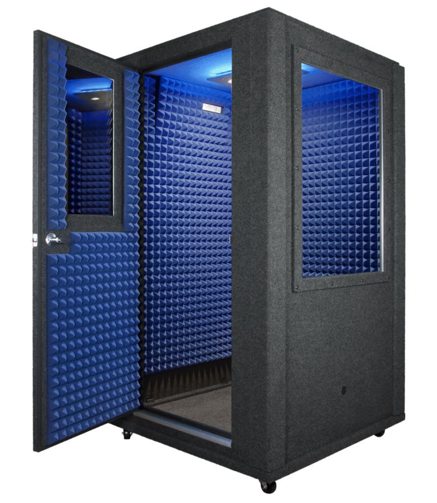 Image of a 4'x4' WhisperRoom portable vocal booth with an open door and blue foam inside