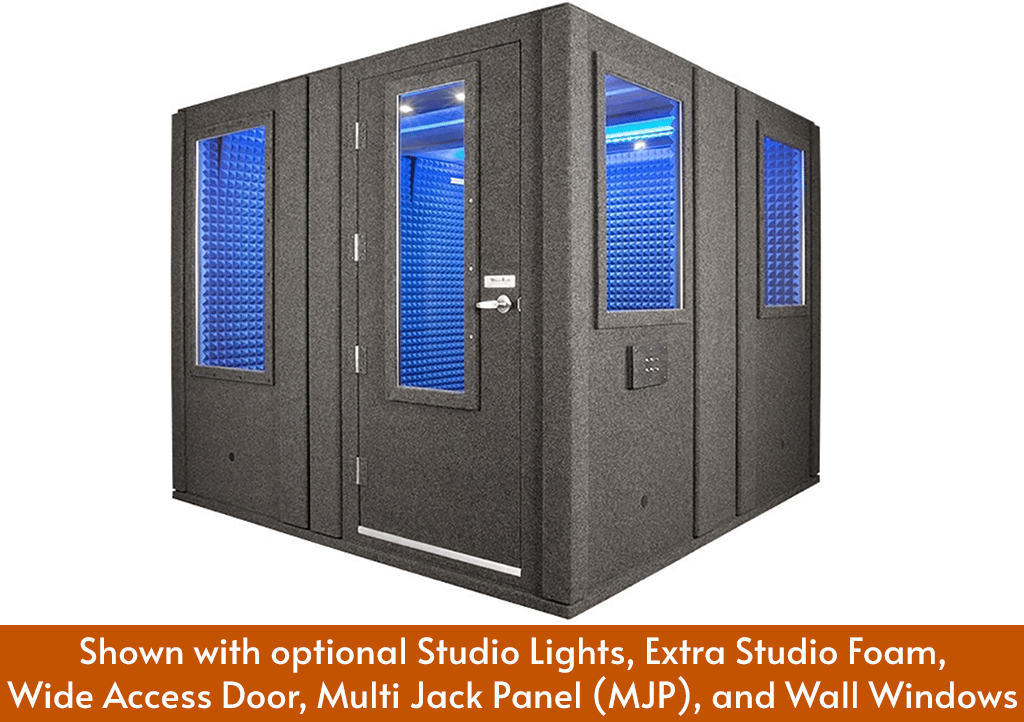 A WhisperRoom MDL 102102 S single-wall sound booth shown with a wide access door, studio lights, a multi jack panel, extra foam, and multiple wall windows.