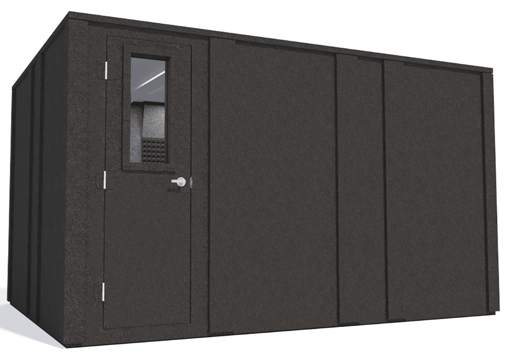 WhisperRoom MDL 102144 E shown from the left side with the door closed and gray foam