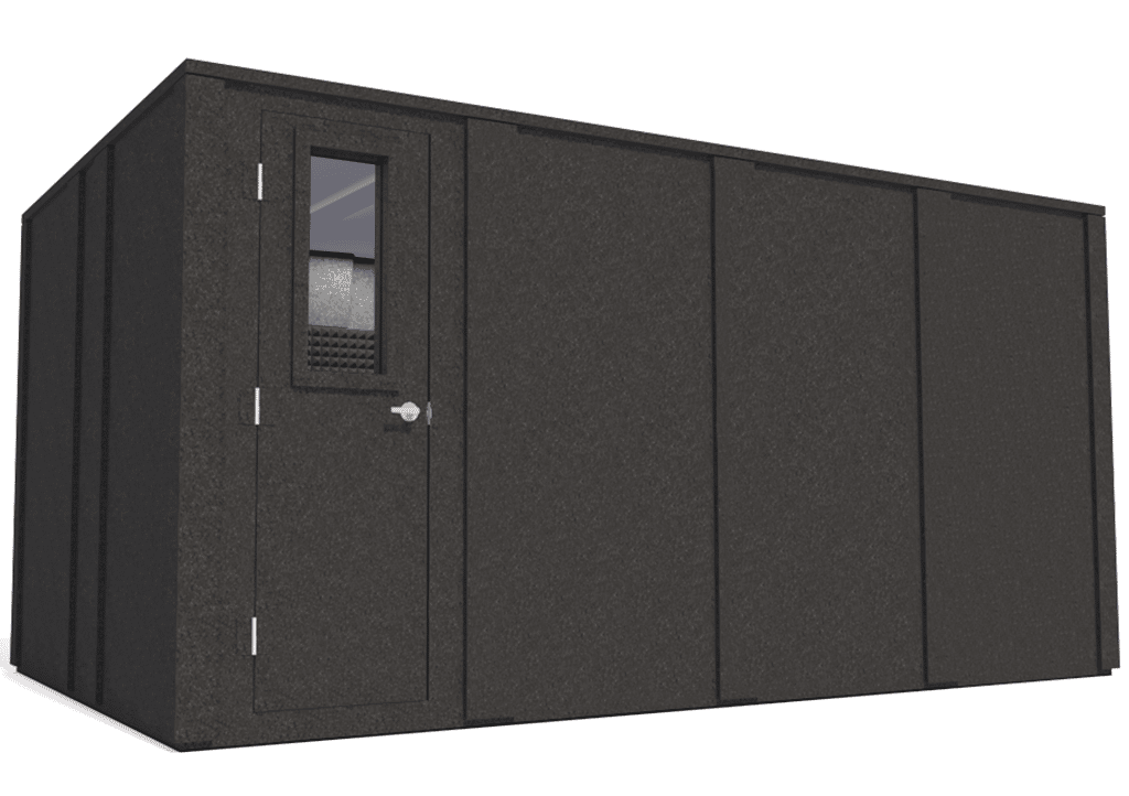 WhisperRoom MDL 102168 E shown from the left side with the door closed and gray foam