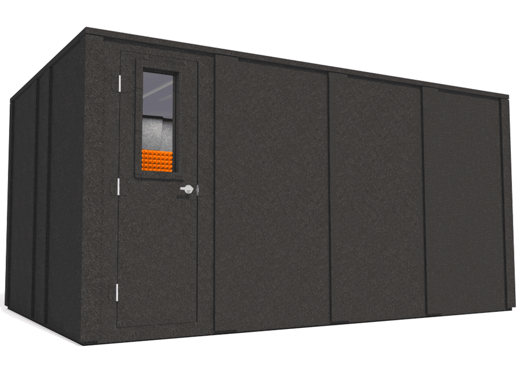 WhisperRoom MDL 102168 E shown from the left side with the door closed and orange foam