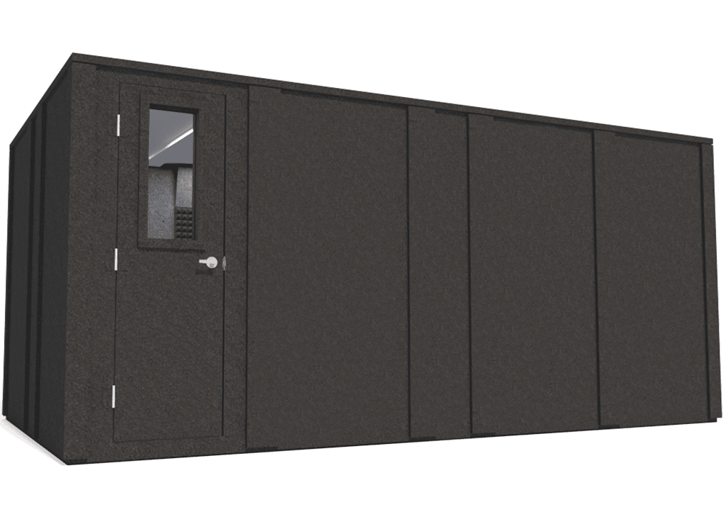 WhisperRoom MDL 102186 E shown from the left side with the door closed and gray foam