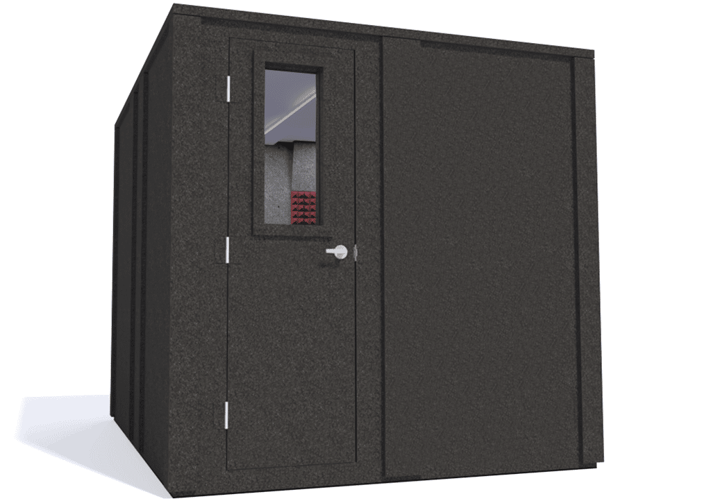 WhisperRoom MDL 10284 E shown from the left side with the door closed and burgundy foam