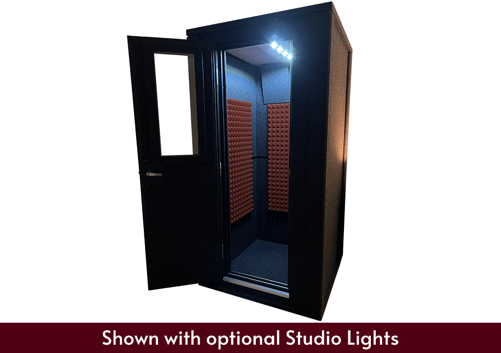 A WhisperRoom MDL 4242 E is shown from the front with the door open, studio lights, burgundy foam, and a burgundy text box that describes the features shown with the sound booth image.