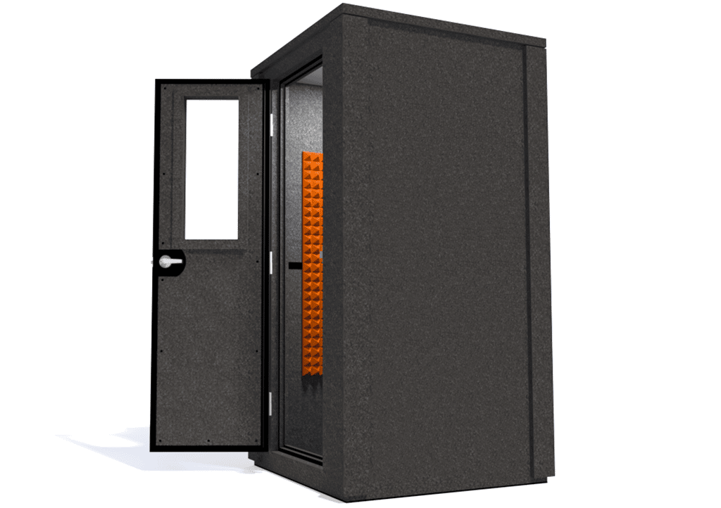 WhisperRoom MDL 4242 E shown from the side with the door open and orange foam