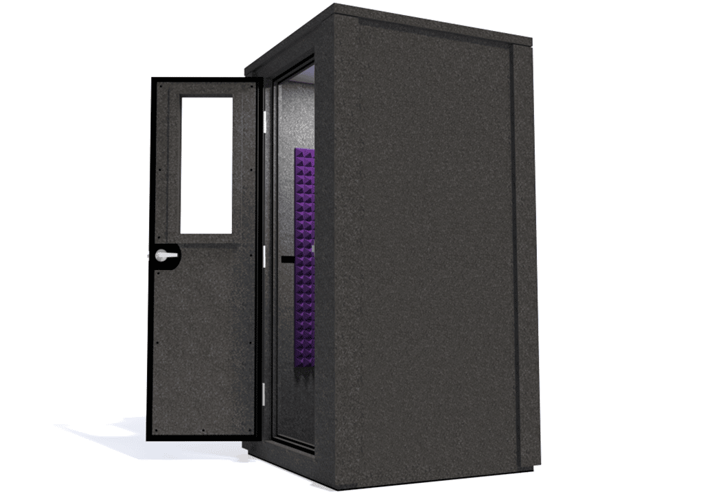 WhisperRoom MDL 4242 E shown from the side with the door open and purple foam