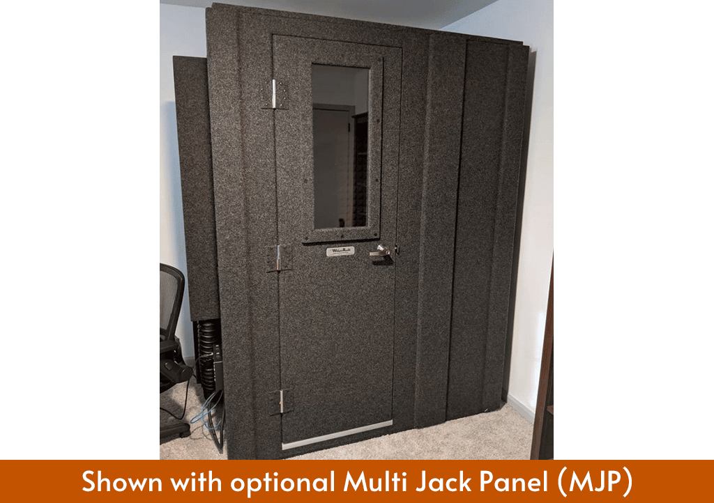 A WhisperRoom MDL 4260 S single-wall sound booth shown with the door closed and multi jack panel (MJP) on the left side of the booth.