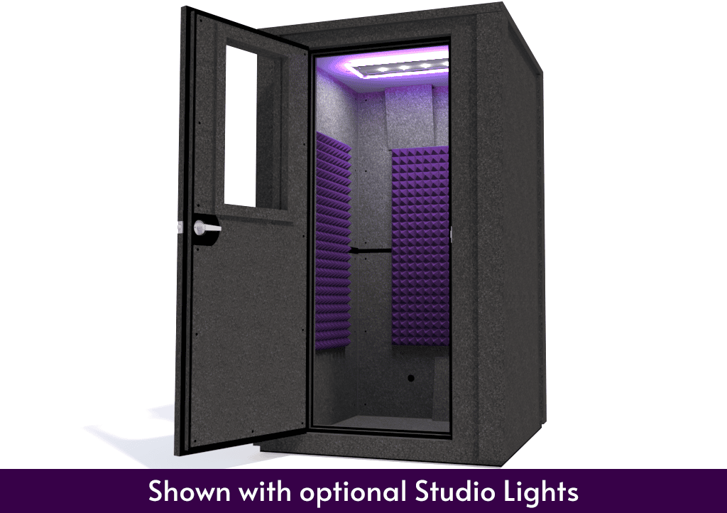 WhisperRoom MDL 4848 E shown from the front with the door open and purple foam