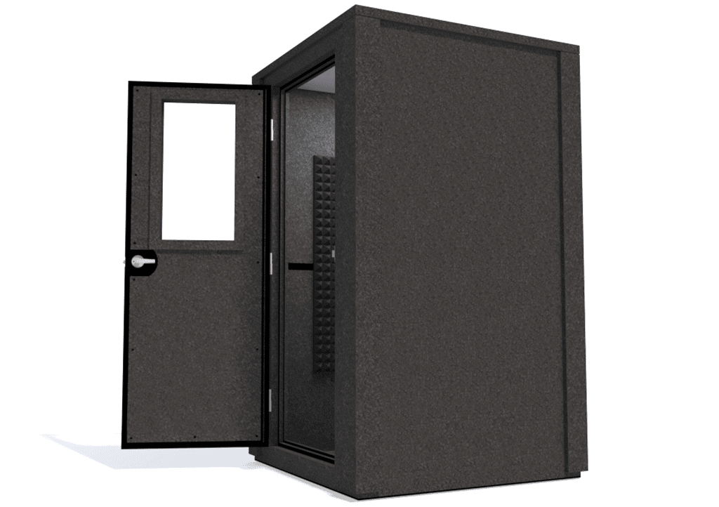 WhisperRoom MDL 4848 E shown with the door open from the side with gray foam