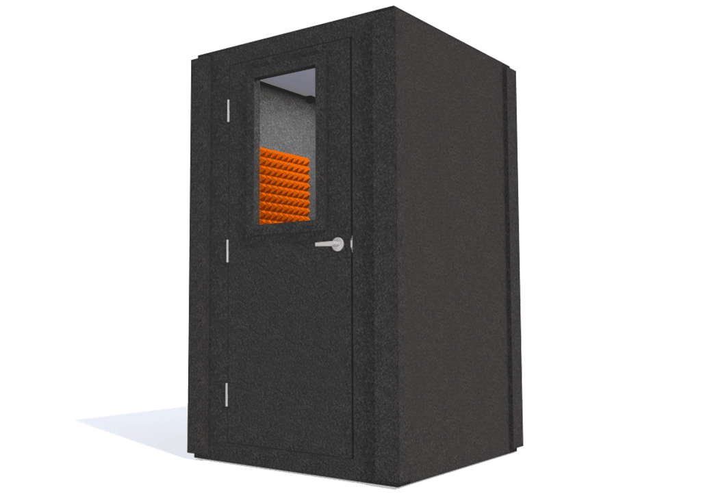WhisperRoom MDL 4848 S shown from the front with the door closed and orange foam