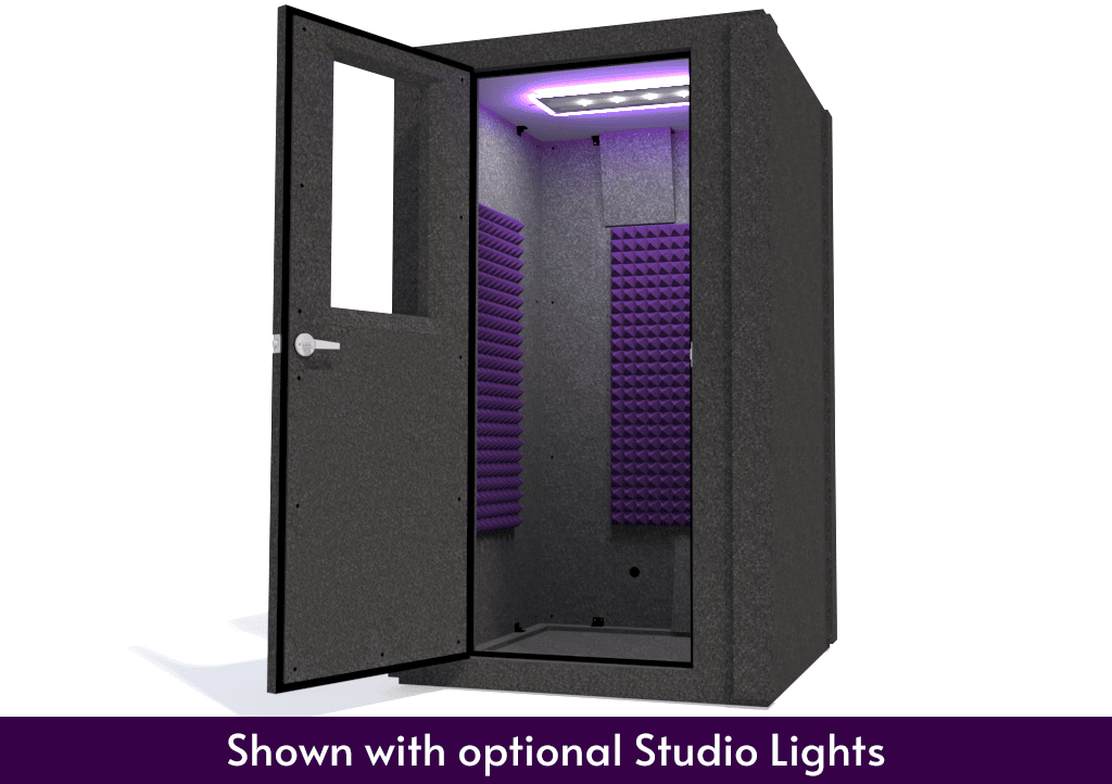 WhisperRoom MDL 4848 S shown from the front with the door open and purple foam
