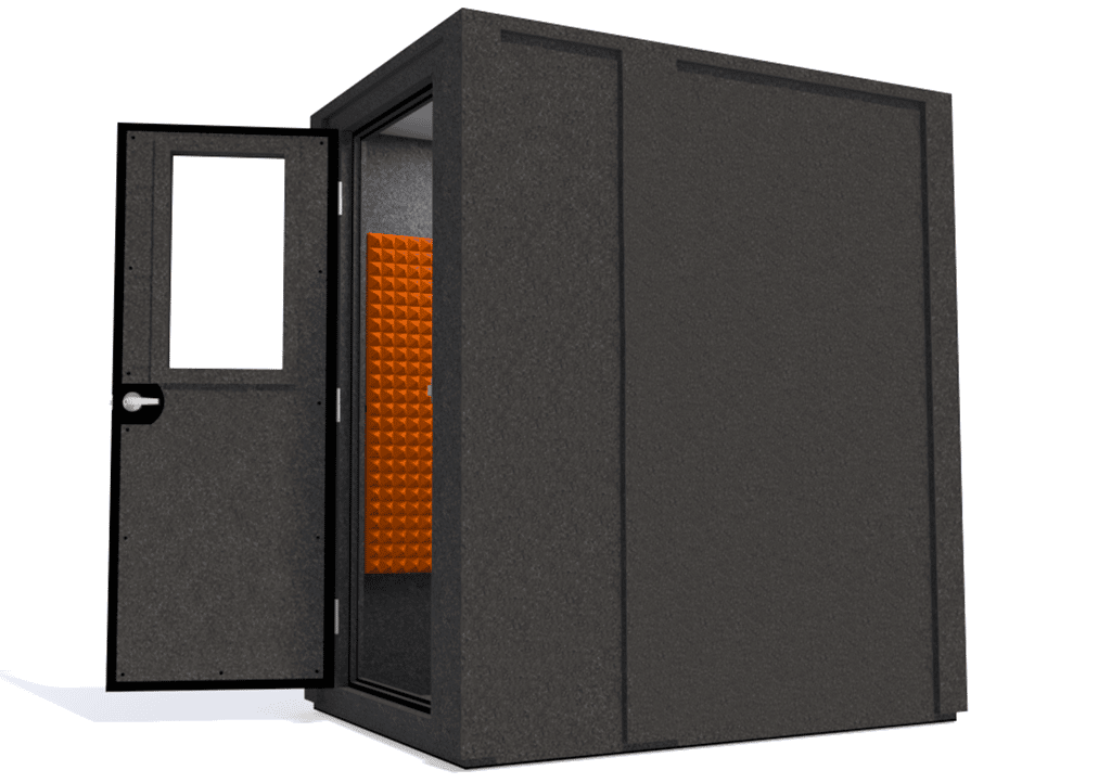 WhisperRoom MDL 4872 E shown from the side with the door open and orange foam
