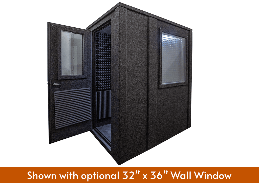 A WhisperRoom MDL 4872 E double-wall sound booth shown with the door open and a window on the side.