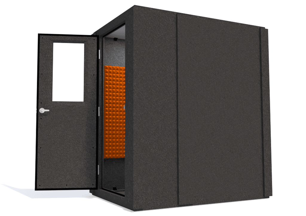 WhisperRoom MDL 4872 S shown with the door open from the side with orange foam