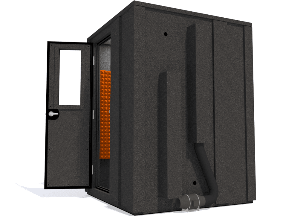 WhisperRoom MDL 6060 E shown from the side with the door open and orange foam