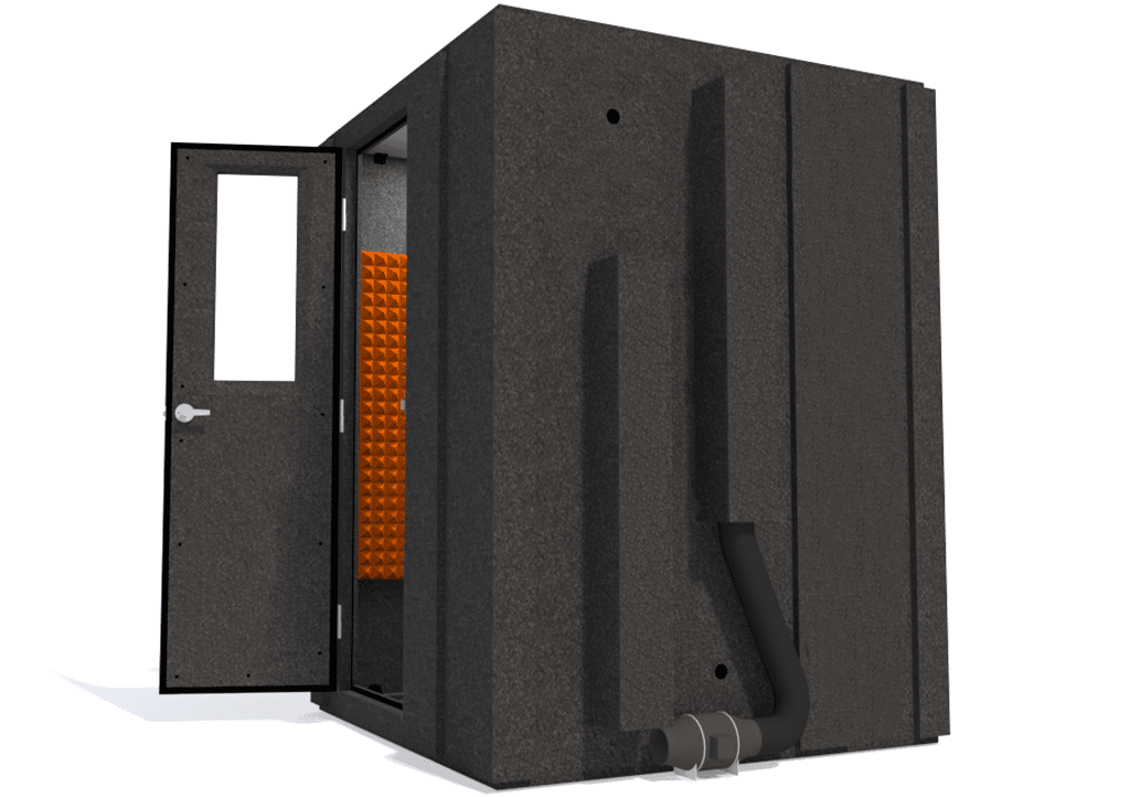 WhisperRoom MDL 6060 S shown from the side with the door open and orange foam
