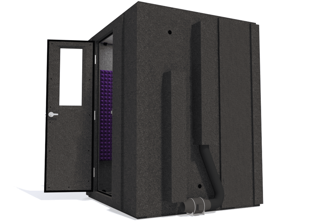 WhisperRoom MDL 6060 S shown with the door open from the side with purple foam