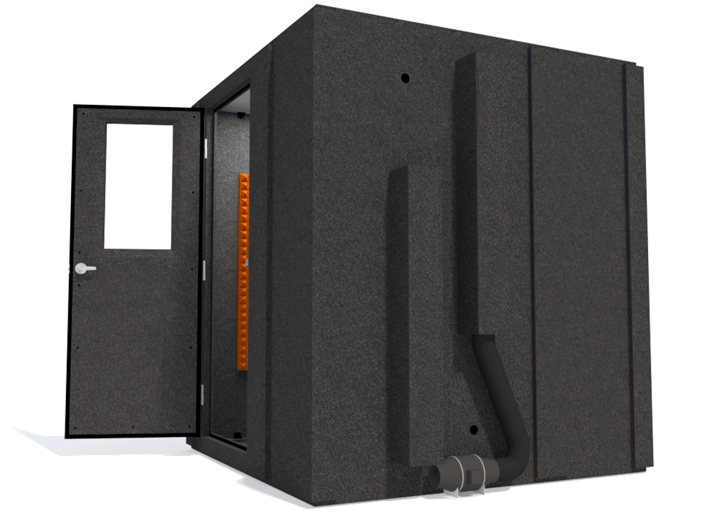WhisperRoom MDL 7272 S shown from the side with the door open and orange foam