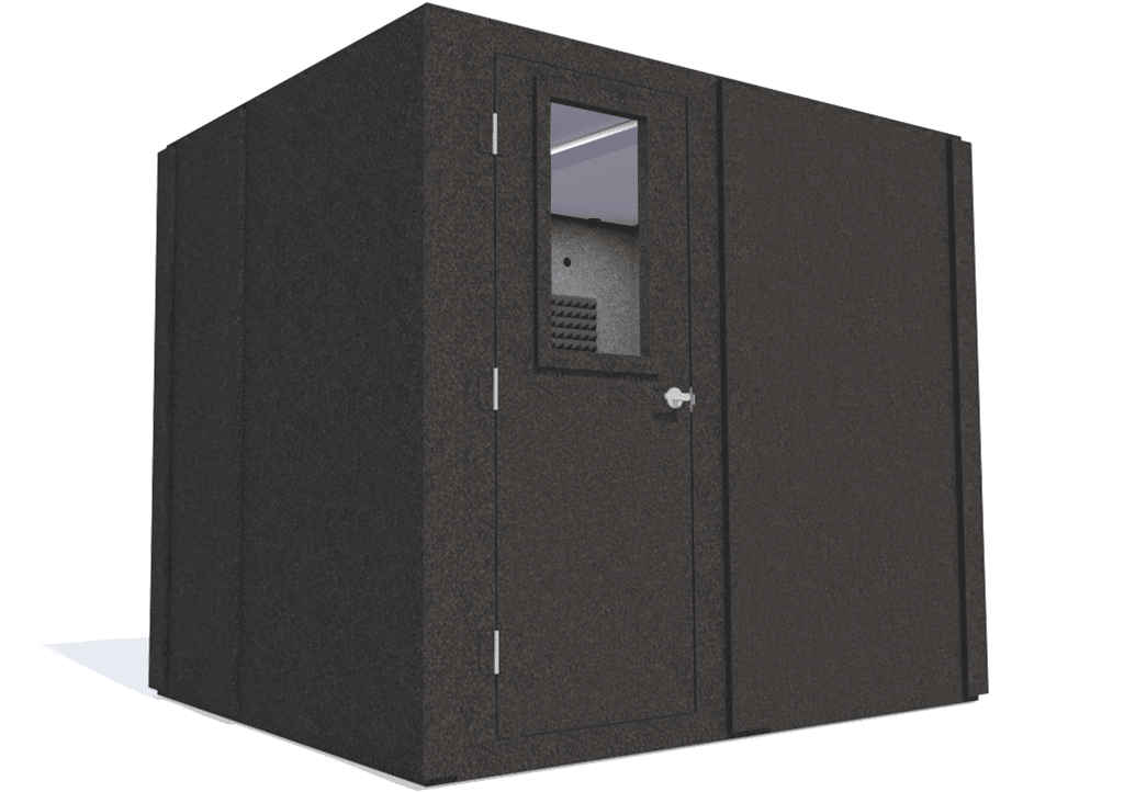 WhisperRoom MDL 7296 S shown with the door closed from the left side with gray foam