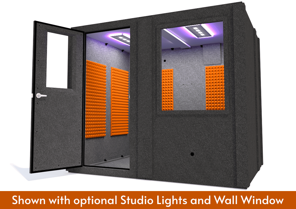 WhisperRoom MDL 7296 S shown with the door open from the front with orange foam