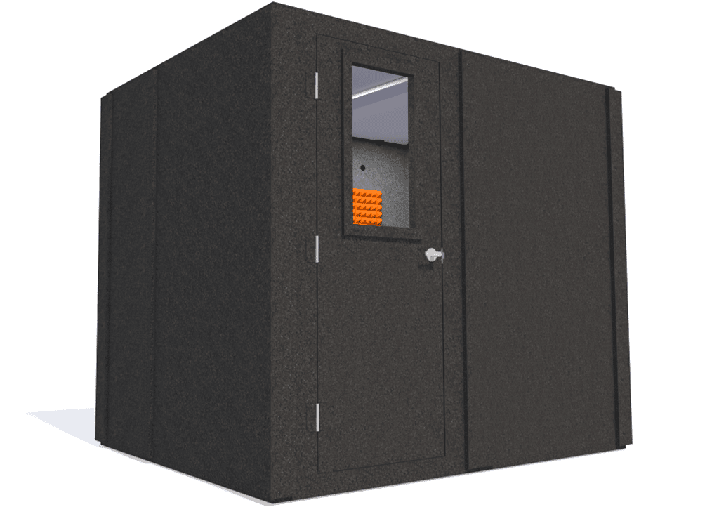WhisperRoom MDL 7296 S shown with the door closed from the left side with orange foam