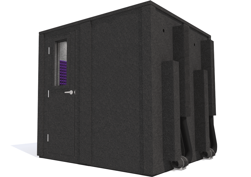 WhisperRoom MDL 8484 E shown from the left side with the door closed and purple foam