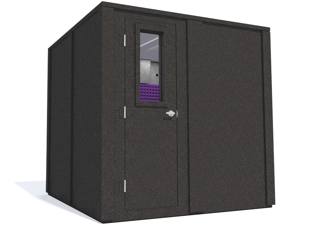 WhisperRoom MDL 8484 E shown from the left side with the door closed and purple foam