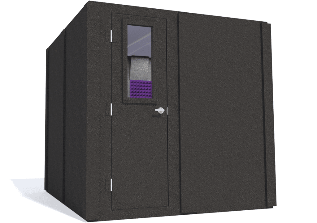 WhisperRoom MDL 8484 S shown from the left side with the door closed and purple foam