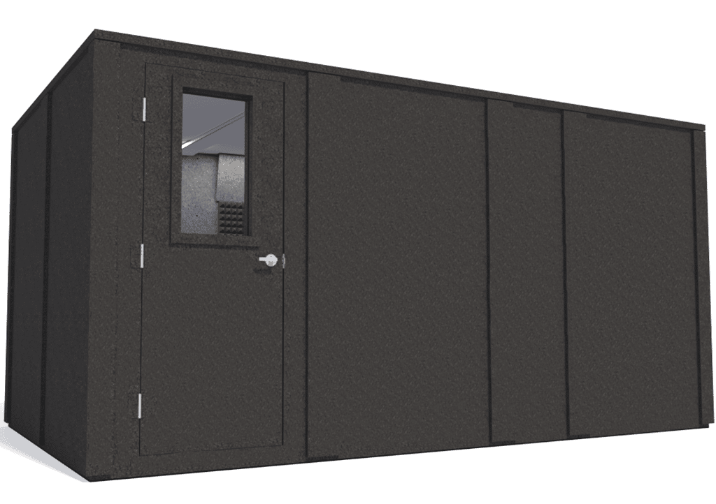WhisperRoom MDL 96168 E shown from the left side with door closed and gray foam