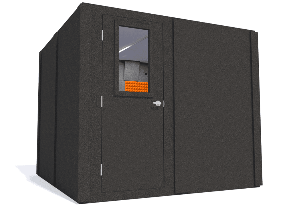 WhisperRoom MDL 9696 S shown from the left side with the door open and orange foam
