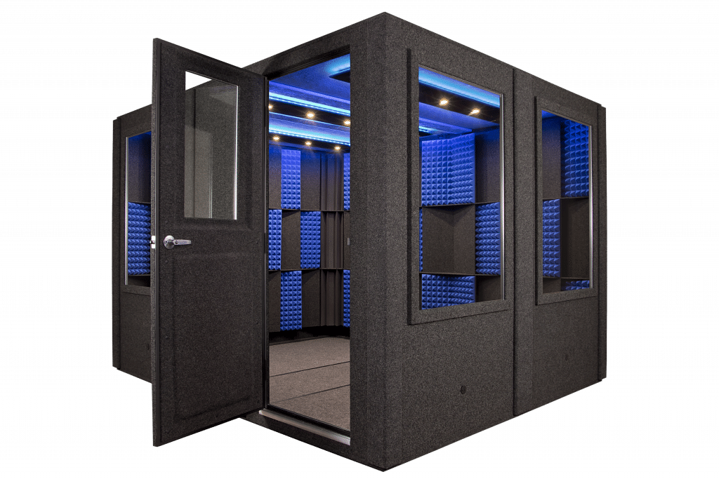 A WhisperRoom MDL 96120 with blue and gray acoustic foam panels inside