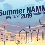 Nashville skyline outlined with the Summer NAMM logo