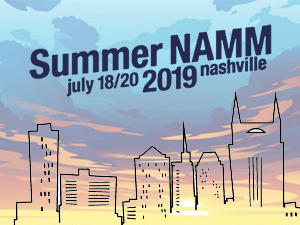 Nashville skyline outlined with the Summer NAMM logo
