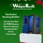 WhisperRoom's end of year promotion for free shipping with a booth inside of a stocking