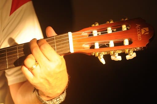 Hand position of a G Major chord on guitar