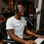 Man recording a podcast in his home studio