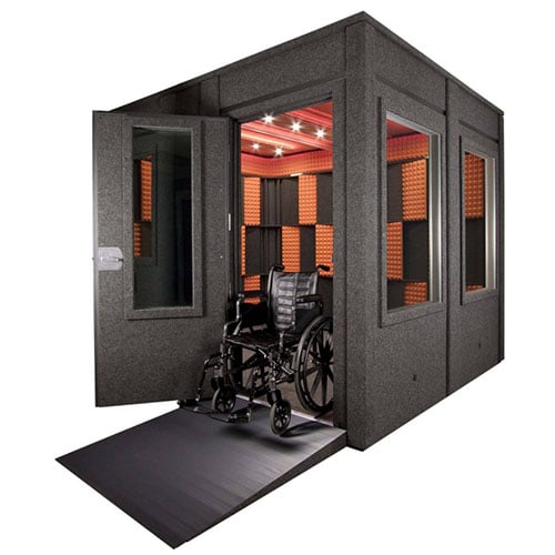image of whisperroom booth with ADA package and a wheelchair