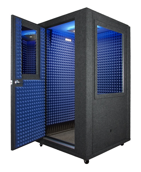 Image of a 4'x4' WhisperRoom booth with an open door and blue foam inside