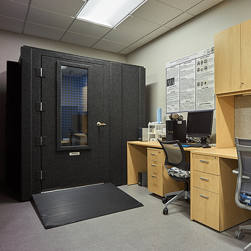 A WhisperRoom testing booth with an ADA package is set up inside of MTSU's psychology department.