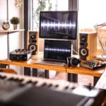 A home recording studio with monitors, speakers, and other various recording gear