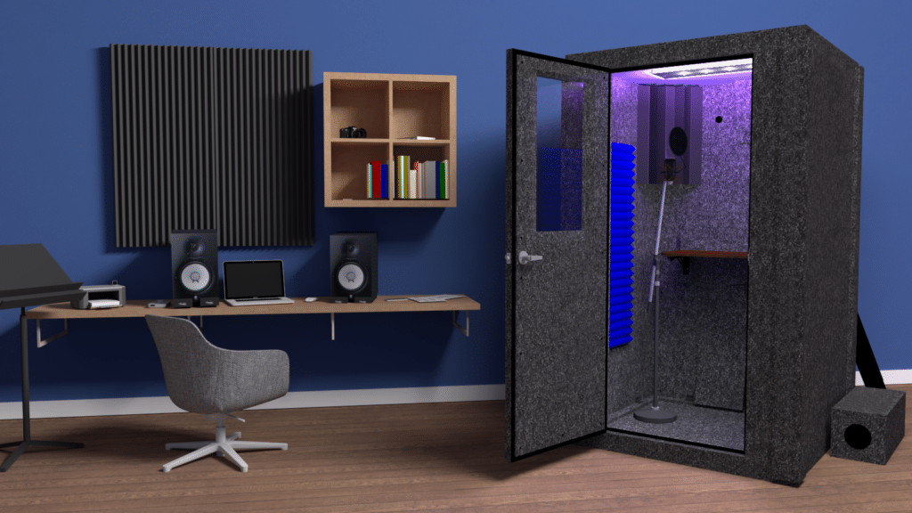The Voice Over Basic booth inside of a home recording studio.