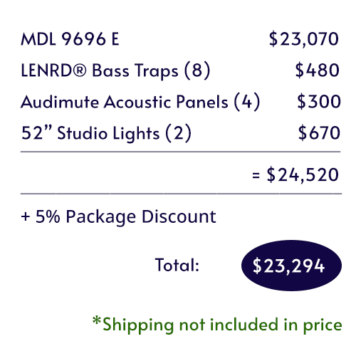 An itemized pricing breakdown for the Drum Booth Package by WhisperRoom™.