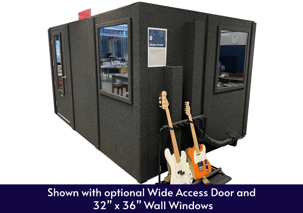 A WhisperRoom MDL 96144 S single-wall soundproof booth shown from the side with a guitar and bass guitar on a stand outside of the booth.