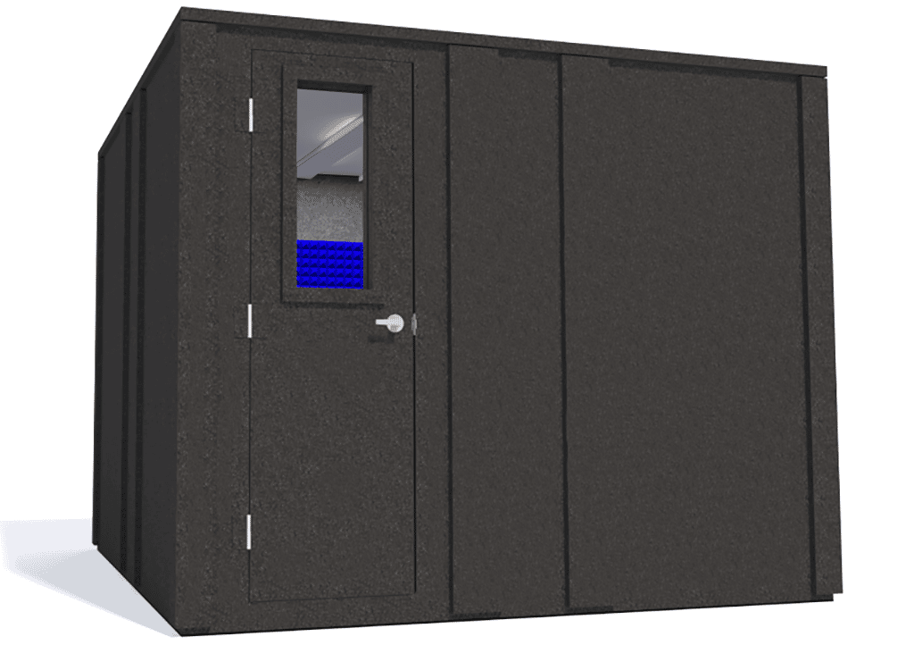 WhisperRoom MDL 102102 E shown with the door closed from the left side with blue foam