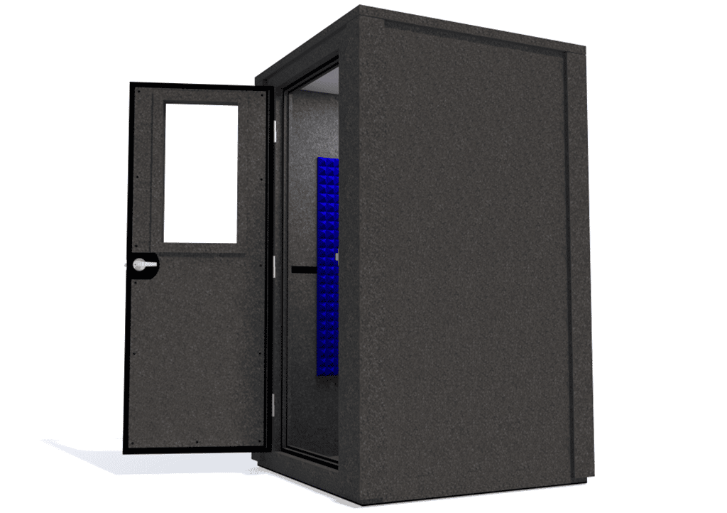 WhisperRoom MDL 4848 E shown with the door open from the side with blue foam