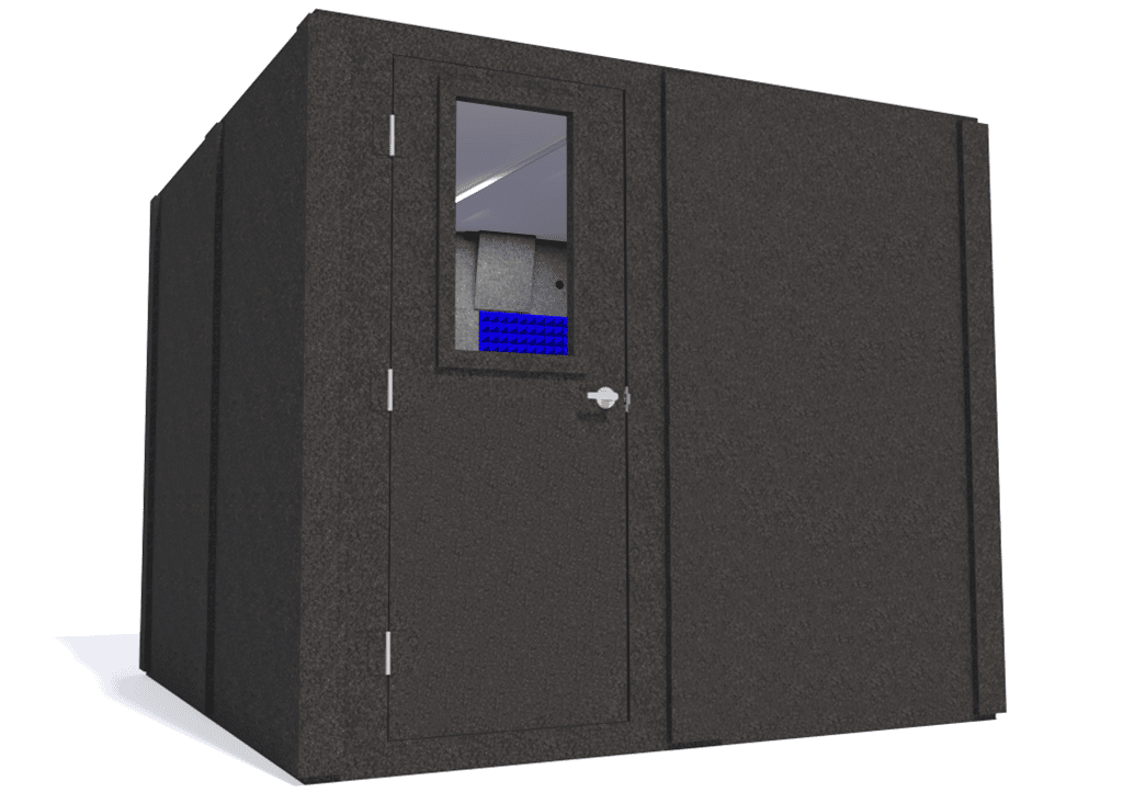 WhisperRoom MDL 9696 S shown from the left side with the door closed and blue foam