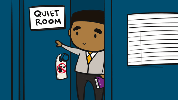 Illustration showing the door to a "quiet room" being closed.