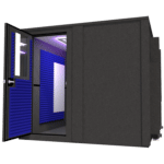 The Drum Booth package by WhisperRoom™ shown with door open and blue acoustical foam on the interior.