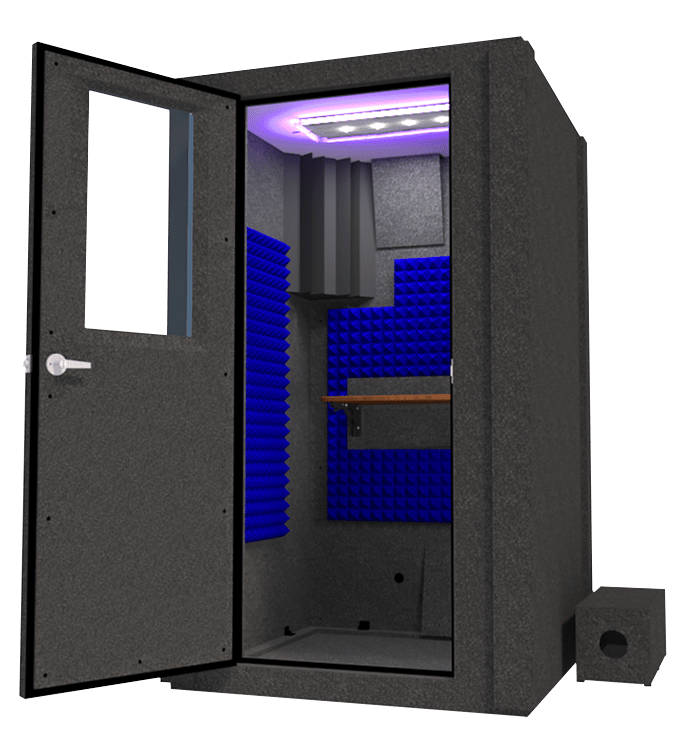 Image of the Voice Over Basic Package by WhisperRoom shown with blue foam and an open door.